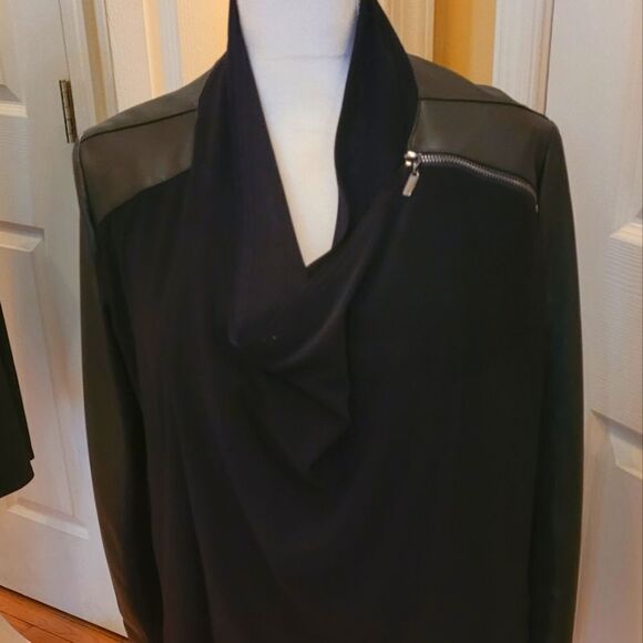 JOSEPH RIBCOFF BLACK CROSSOVER TUNIC WITH FAUX LEATHER TRIM - Picture 2 of 8